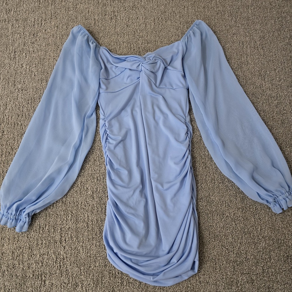 Lucy In The Sky‎ Blue Ruched Mini Dress Tie Back Long Sleeve Bodycon Size M